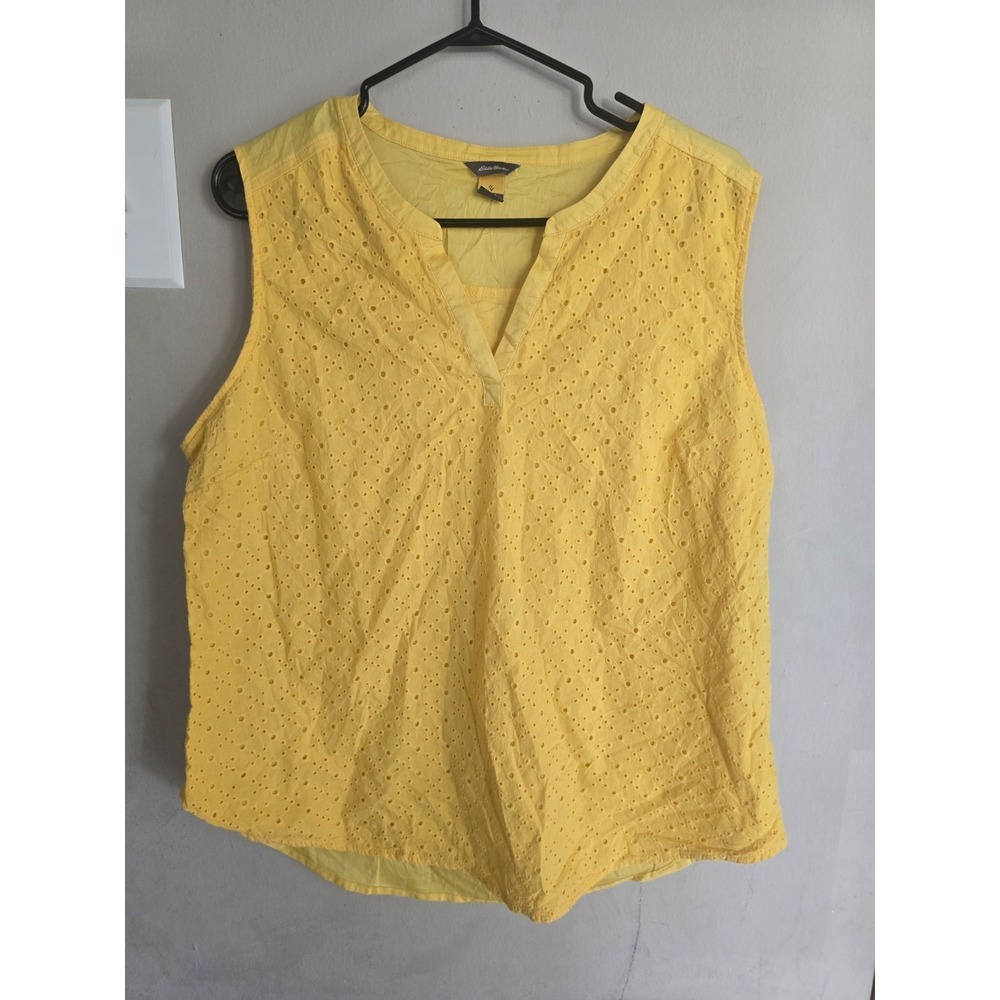 Eddie Bauer - Yellow eyelet split neck sleeveless cotton top, L